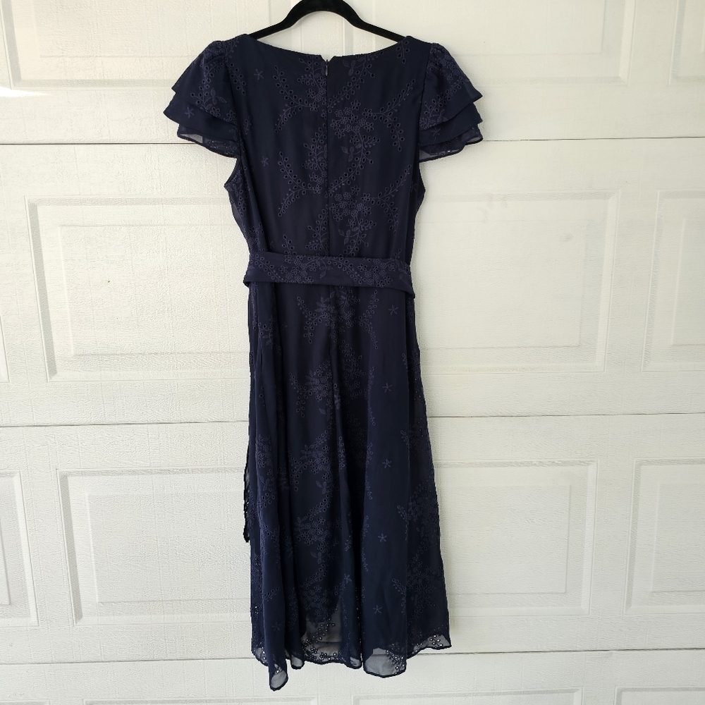 DKNY Woman'sNavy Blue Eyelet Embroidered Midi Dress Flutter Sleeves Elegant Chic - Picture 3 of 13